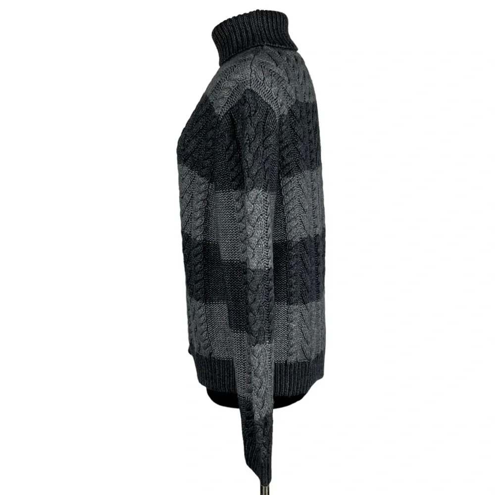 MICHAEL KORS LAMBSWOOL CONTRAST CABLEKNIT STRIPED CHUNKY KNIT TURTLENECK SWEATER